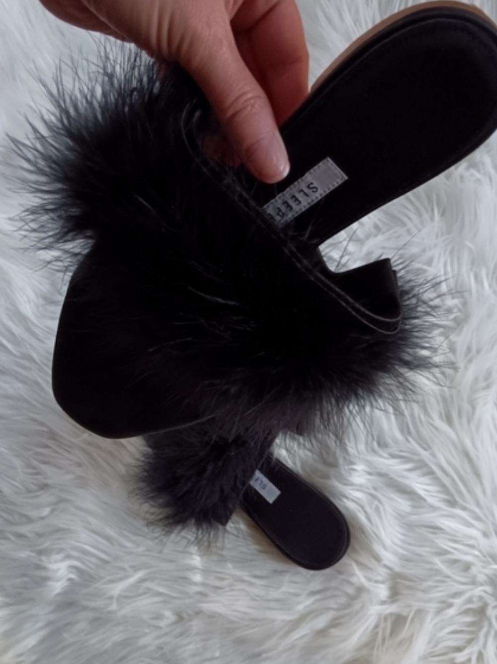 Sleeper Black Silk Satin Manon Feather Trim Slippers Size EU 40 US 10 UK 7.5 - Picture 8 of 9